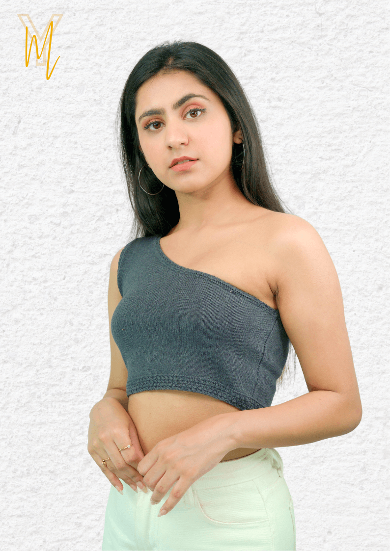 Dark Grey One Shoulder Top - Yellow Molly