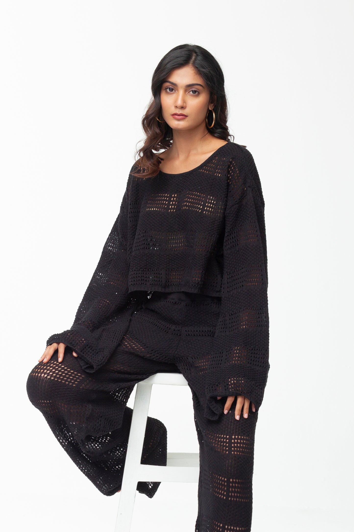 BLACK POINTELLE KNIT PULLOVER