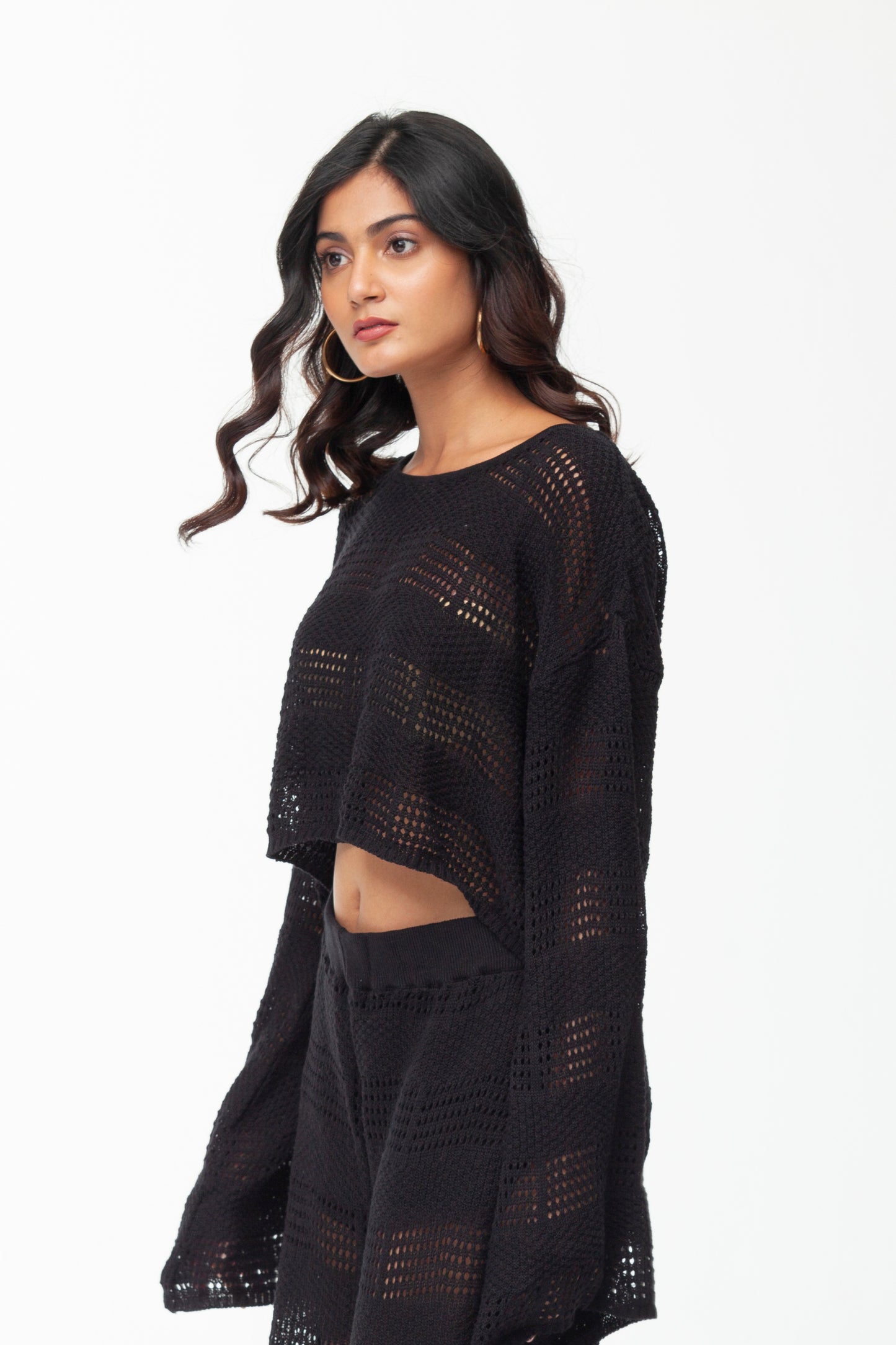 BLACK POINTELLE KNIT PULLOVER