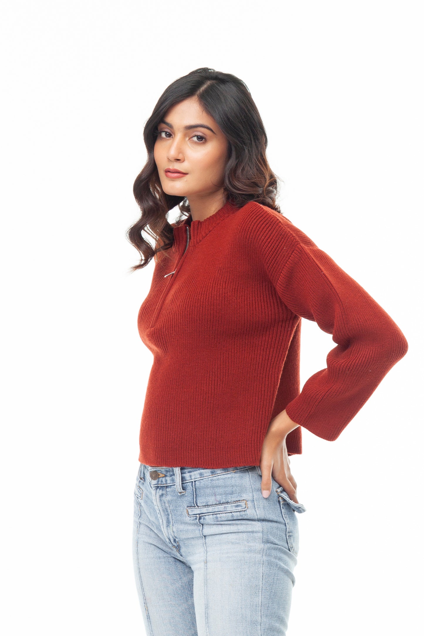 MAROON HALF ZIP UP RIB SWEATER