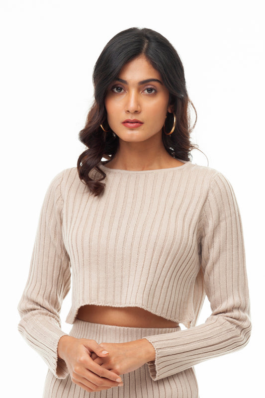 BEIGE RIB KNIT CROPPED TOP