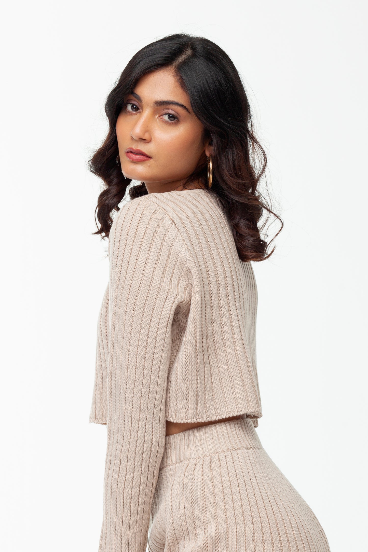 BEIGE RIB KNIT CROPPED TOP