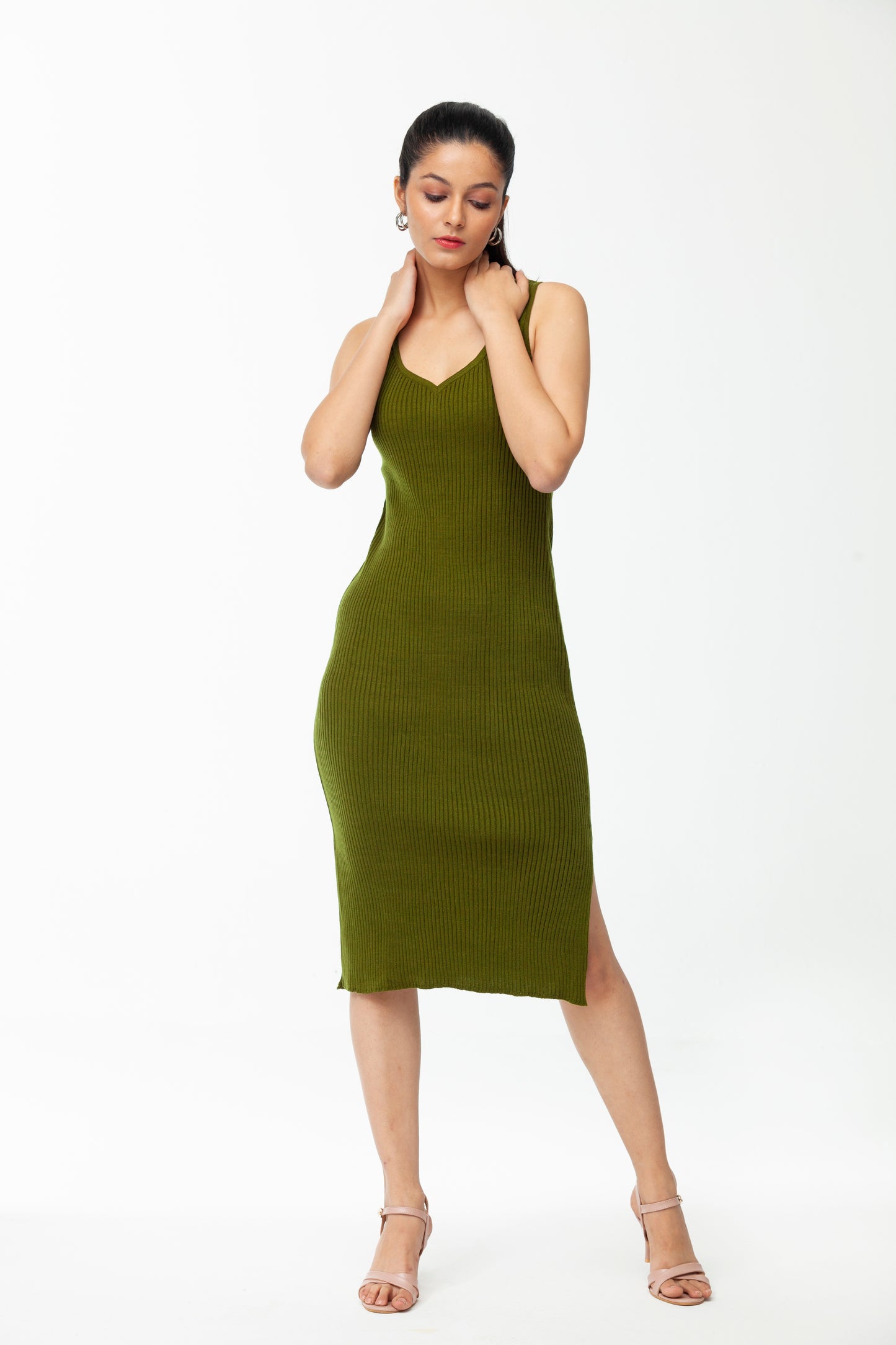 OLIVE GREEN SWEETHEART NECK LINE LONG BODYCON DRESS