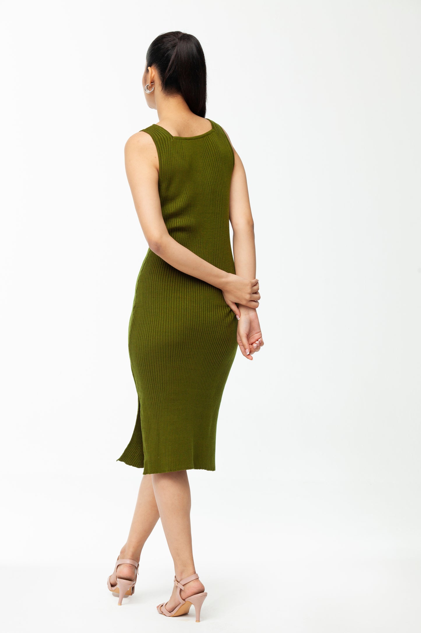 OLIVE GREEN SWEETHEART NECK LINE LONG BODYCON DRESS