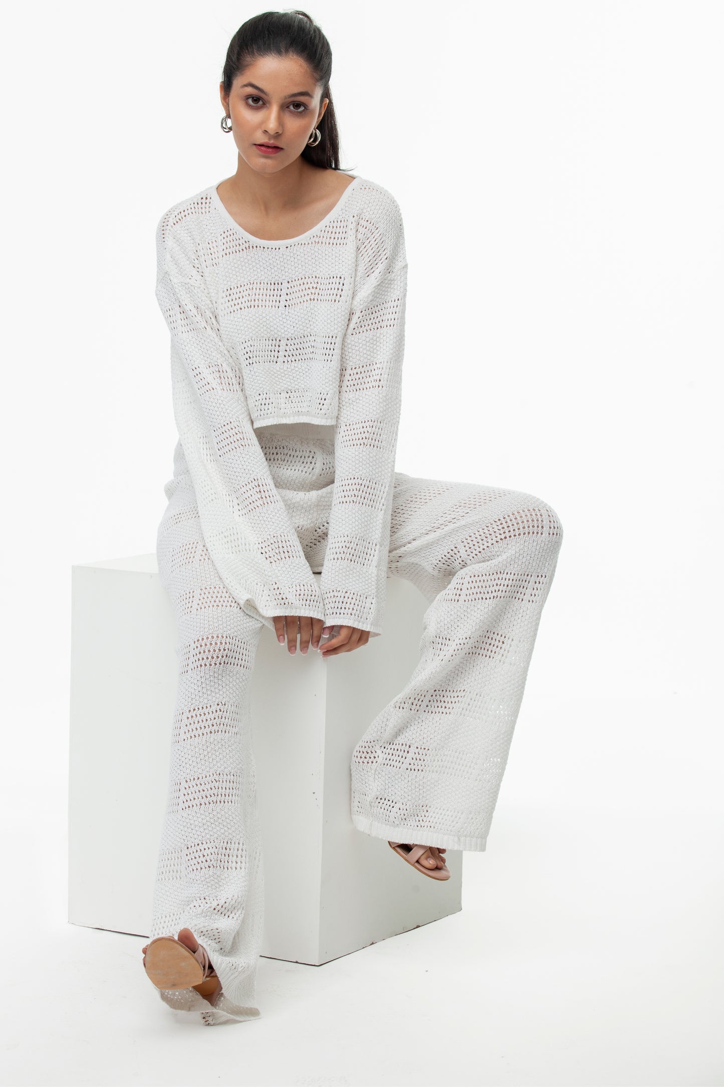 WHITE POINTELLE KNIT PANTS