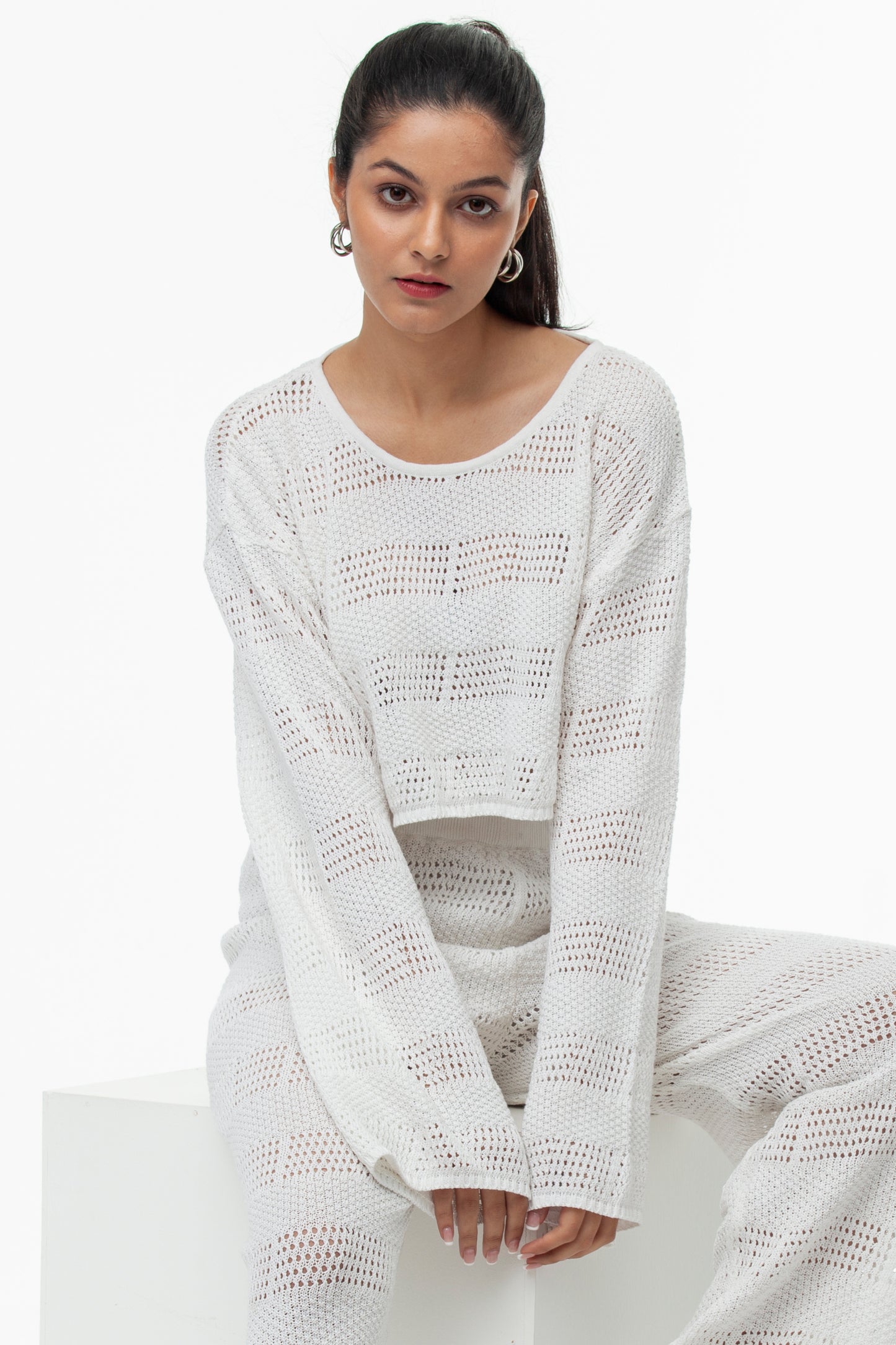 WHITE POINTELLE KNIT PULLOVER