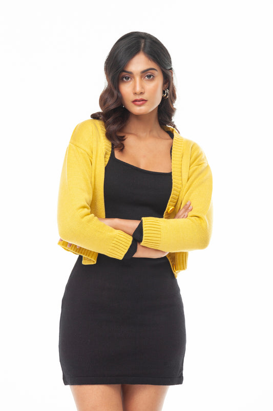 YELLOW  SINGLE JERSEY V NECK CARDIGAN