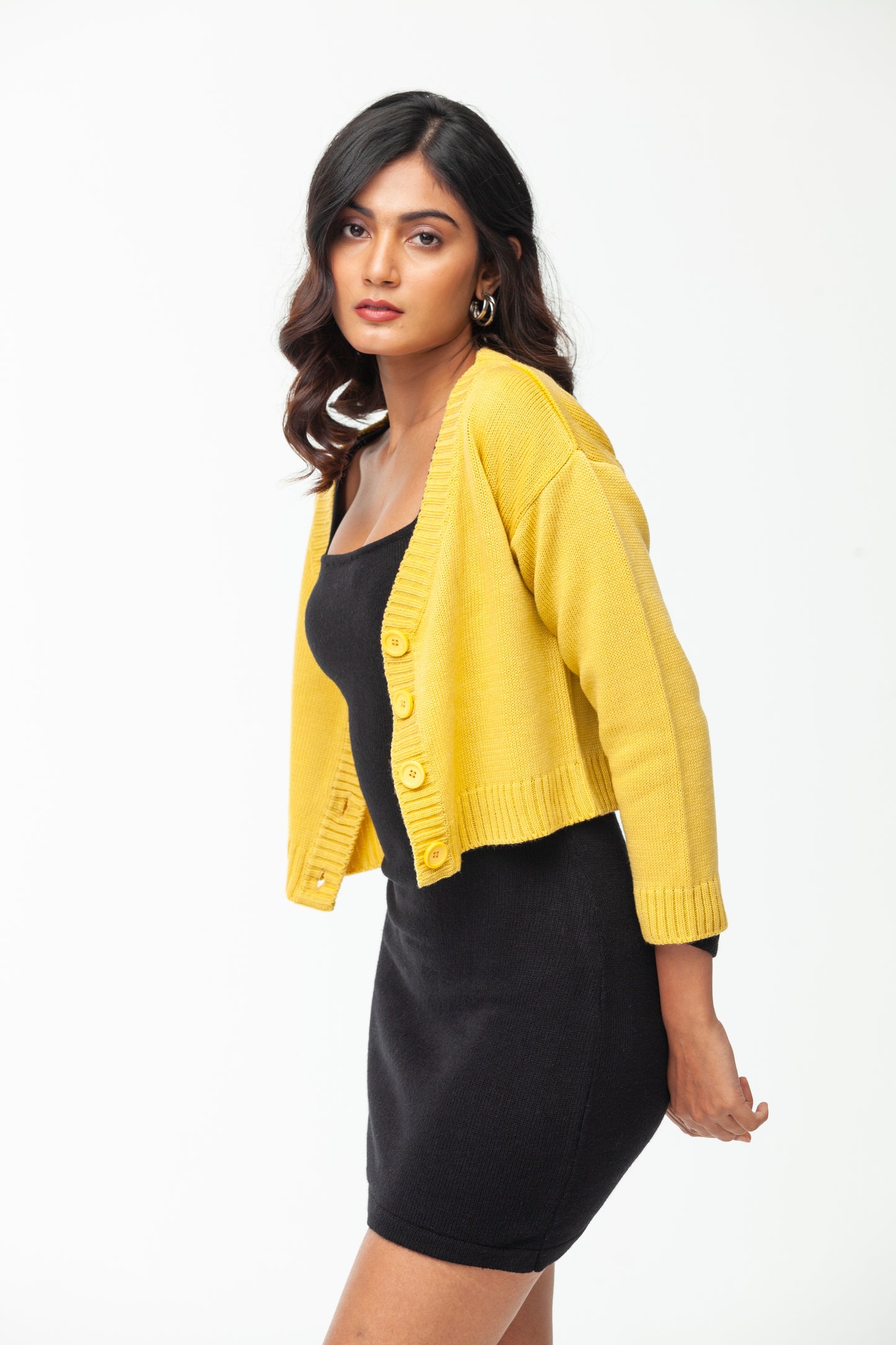 YELLOW  SINGLE JERSEY V NECK CARDIGAN