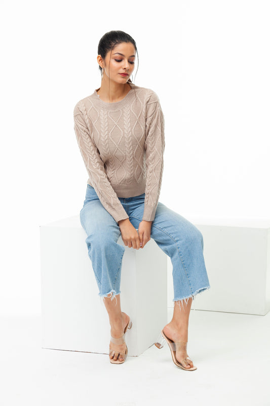 BEIGE  CABLE KNIT SWEATER