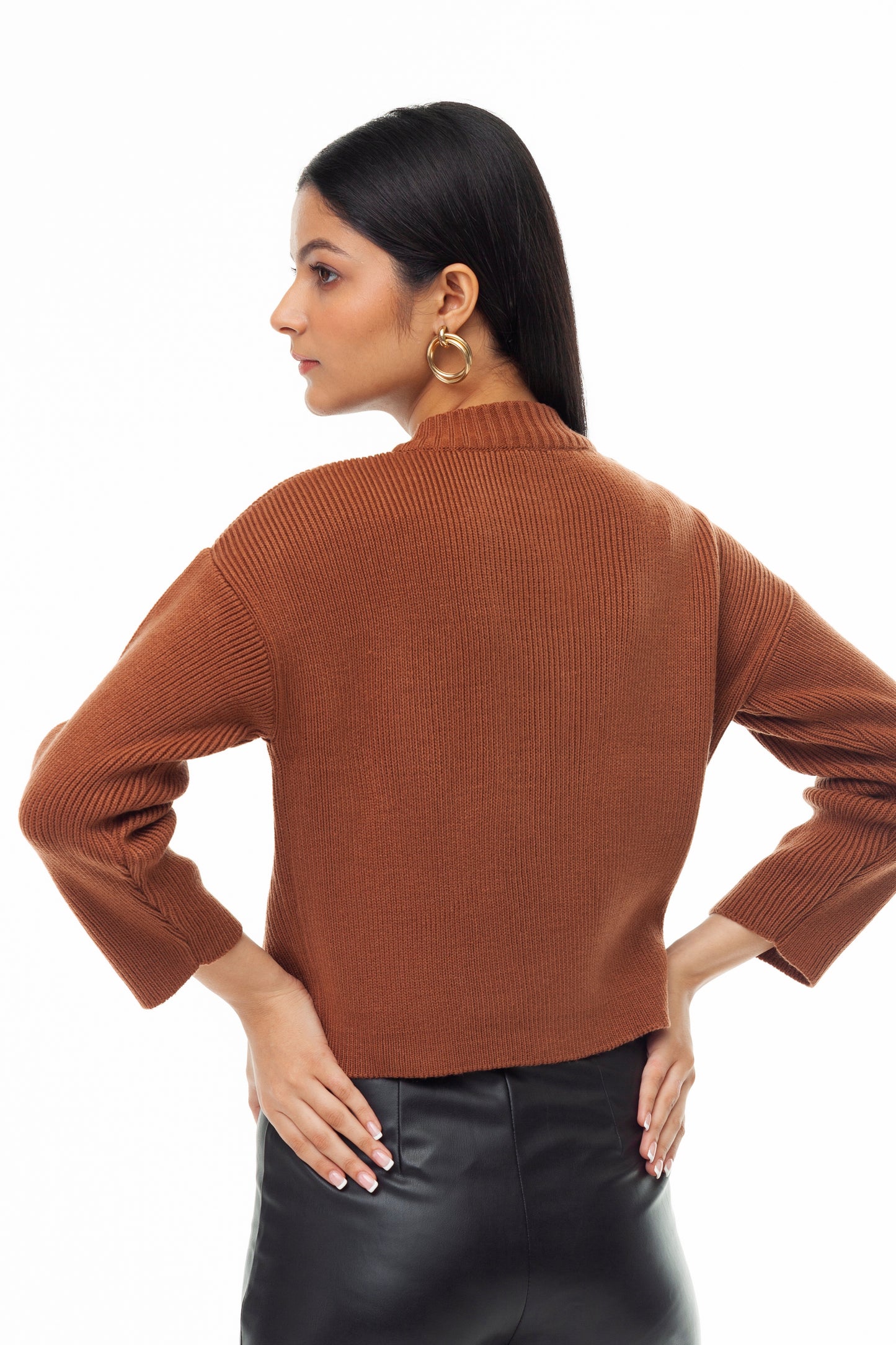 BROWN HALF ZIP UP RIB SWEATER