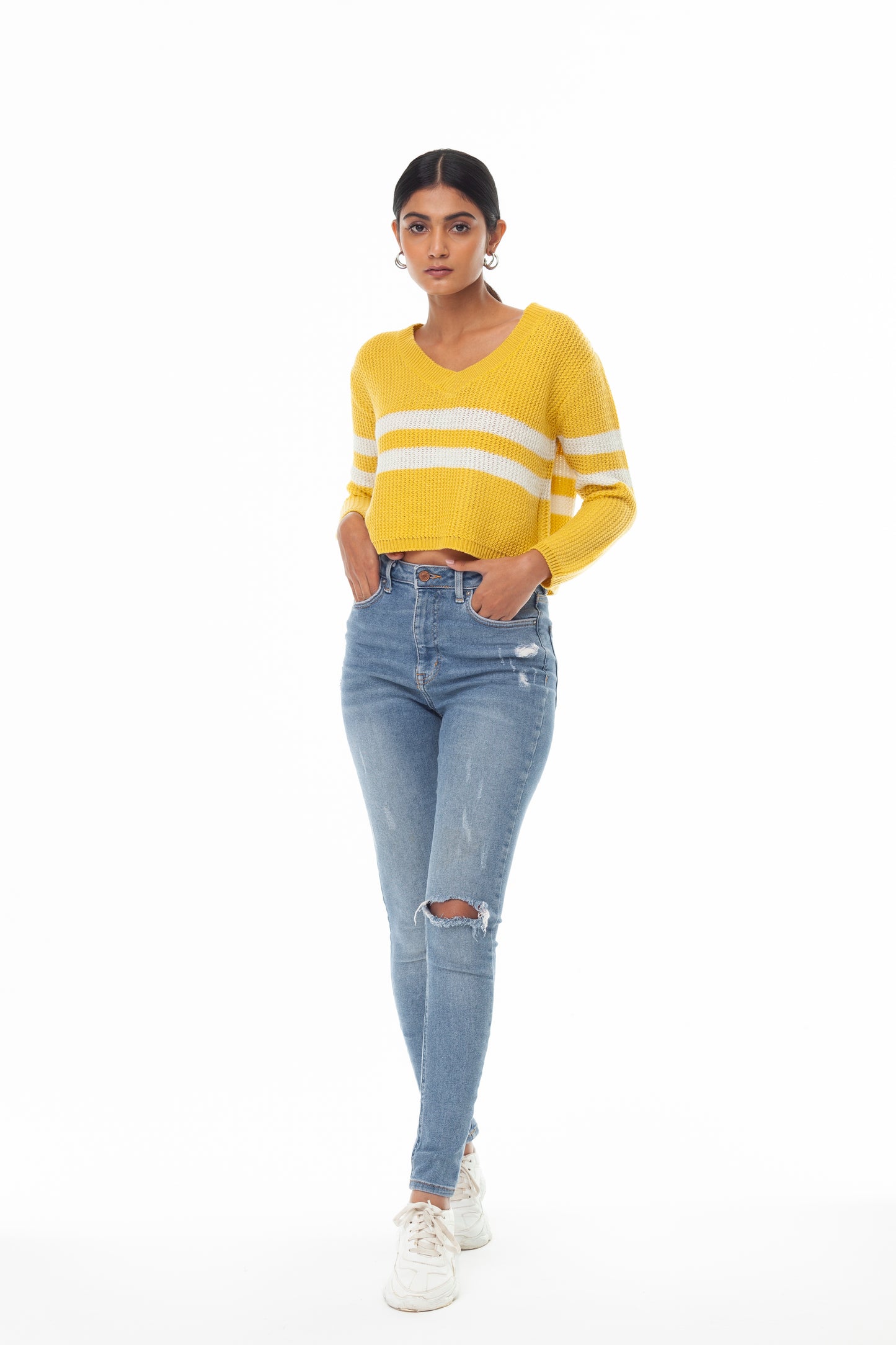 YELLOW STRIPED V NECK CROP SWEATER