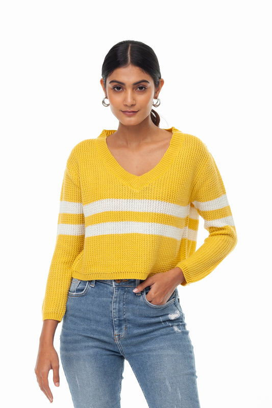 YELLOW STRIPED V NECK CROP SWEATER