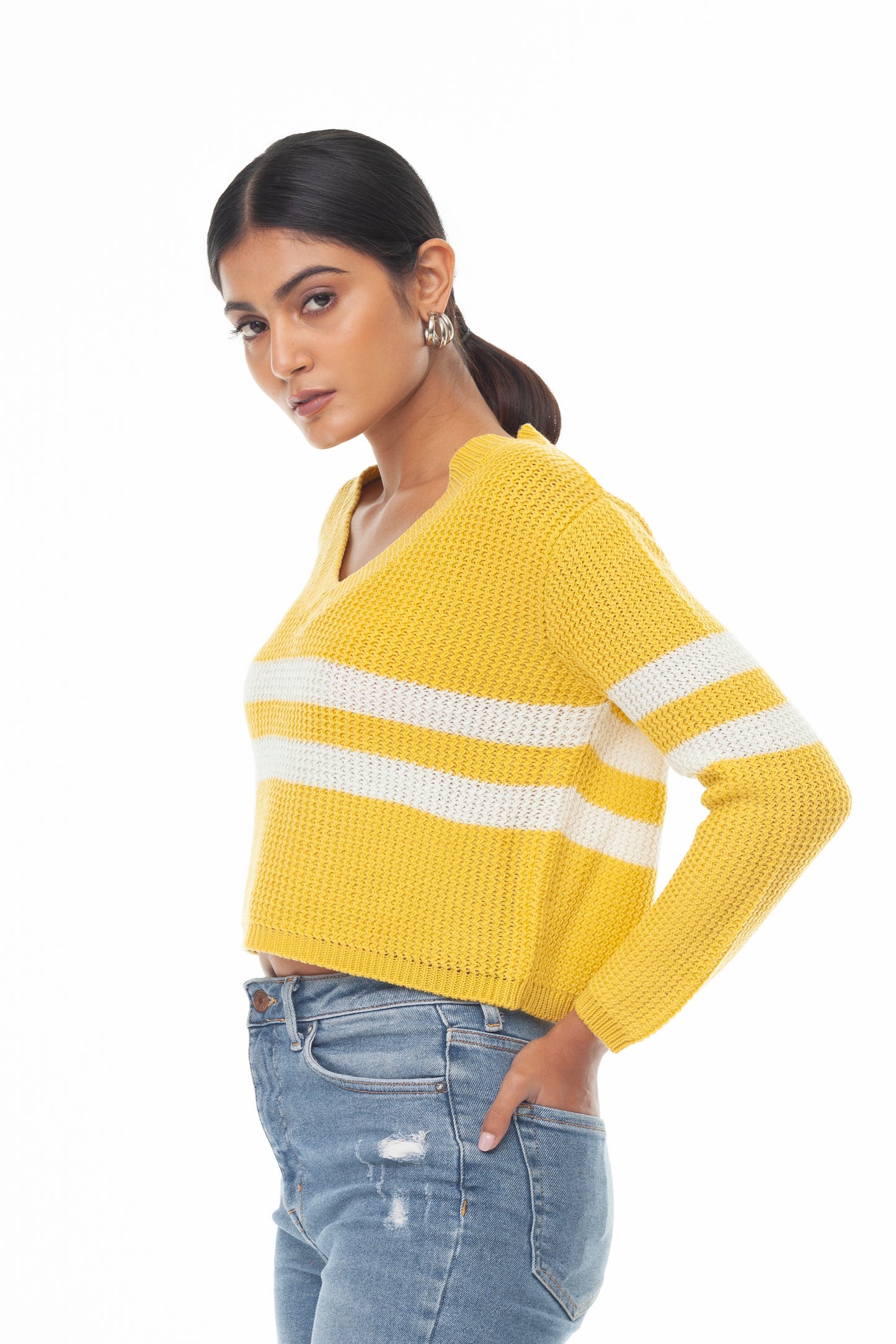 YELLOW STRIPED V NECK CROP SWEATER