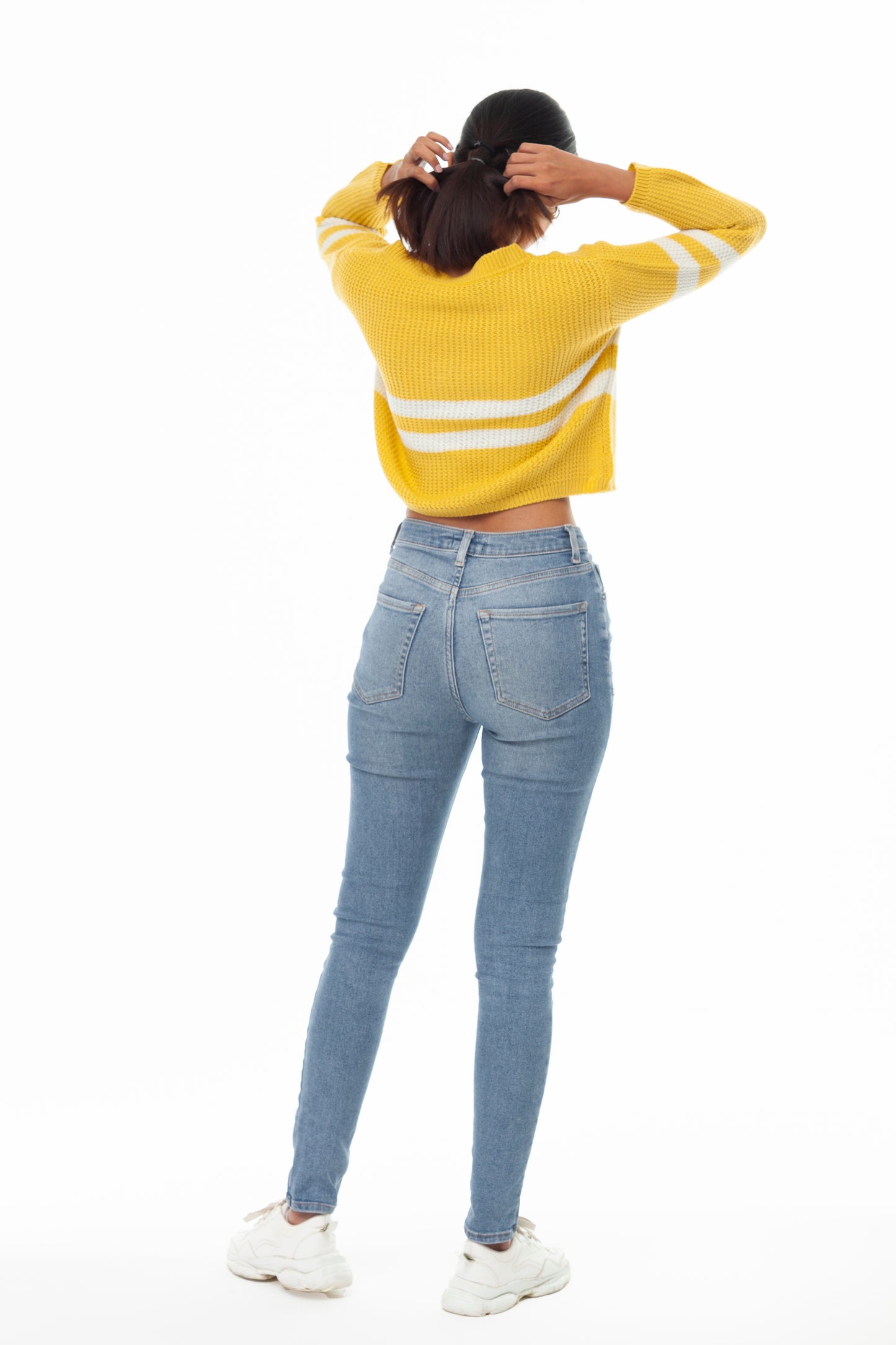 YELLOW STRIPED V NECK CROP SWEATER