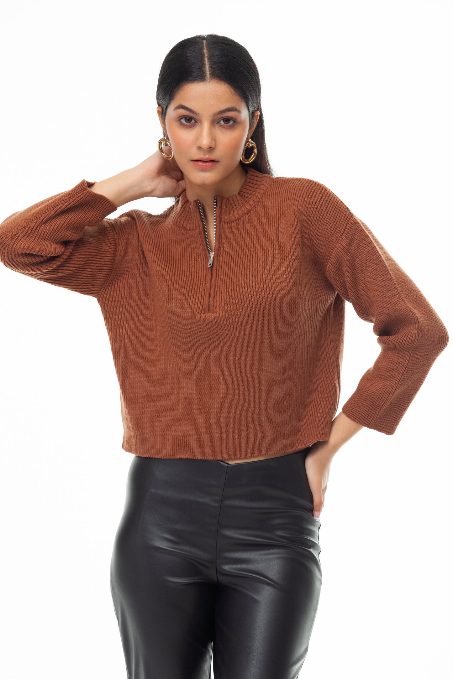 BROWN HALF ZIP UP RIB SWEATER