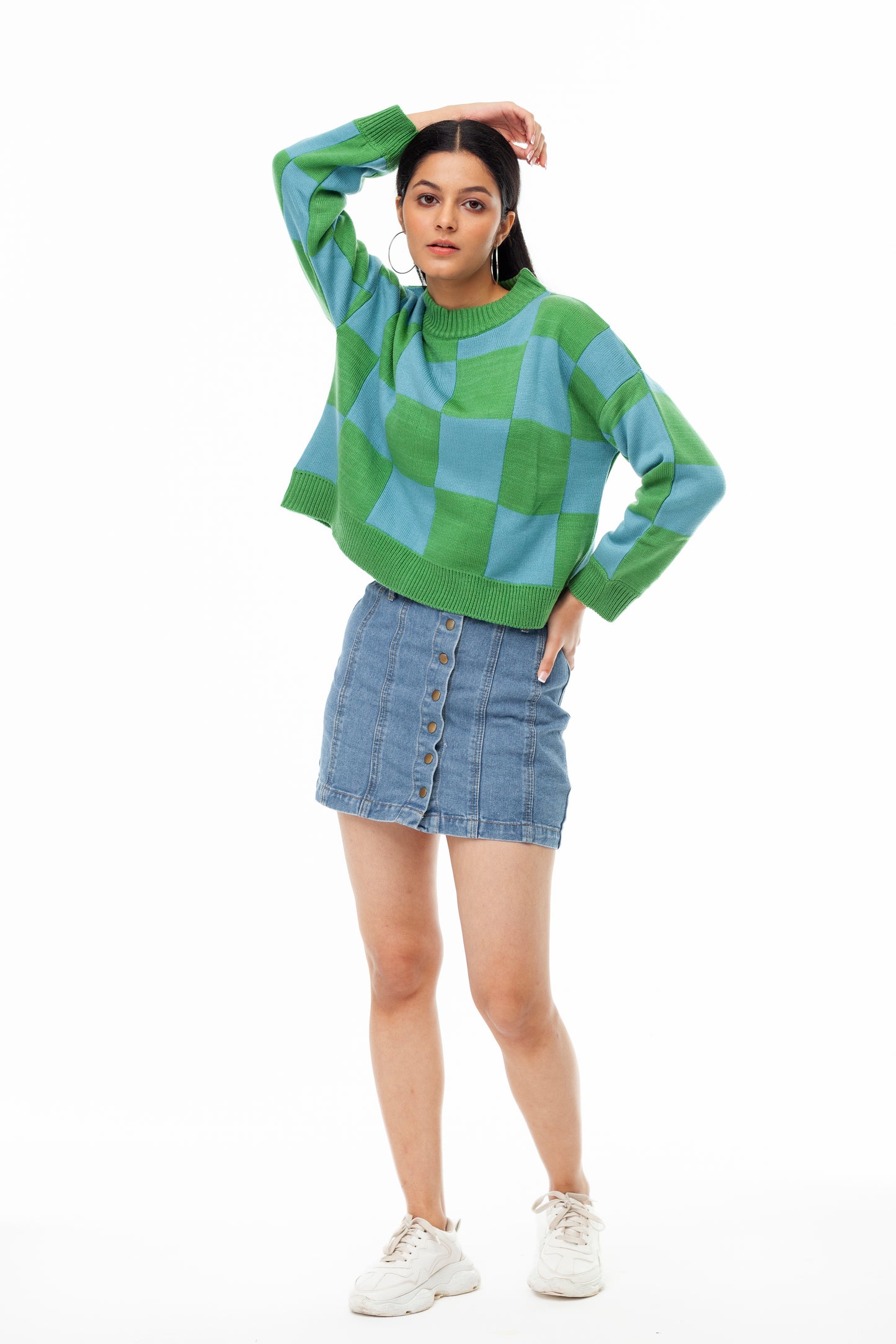 GREEN,BLUE OVERSIZED CHECK CREW NECK SWEATER