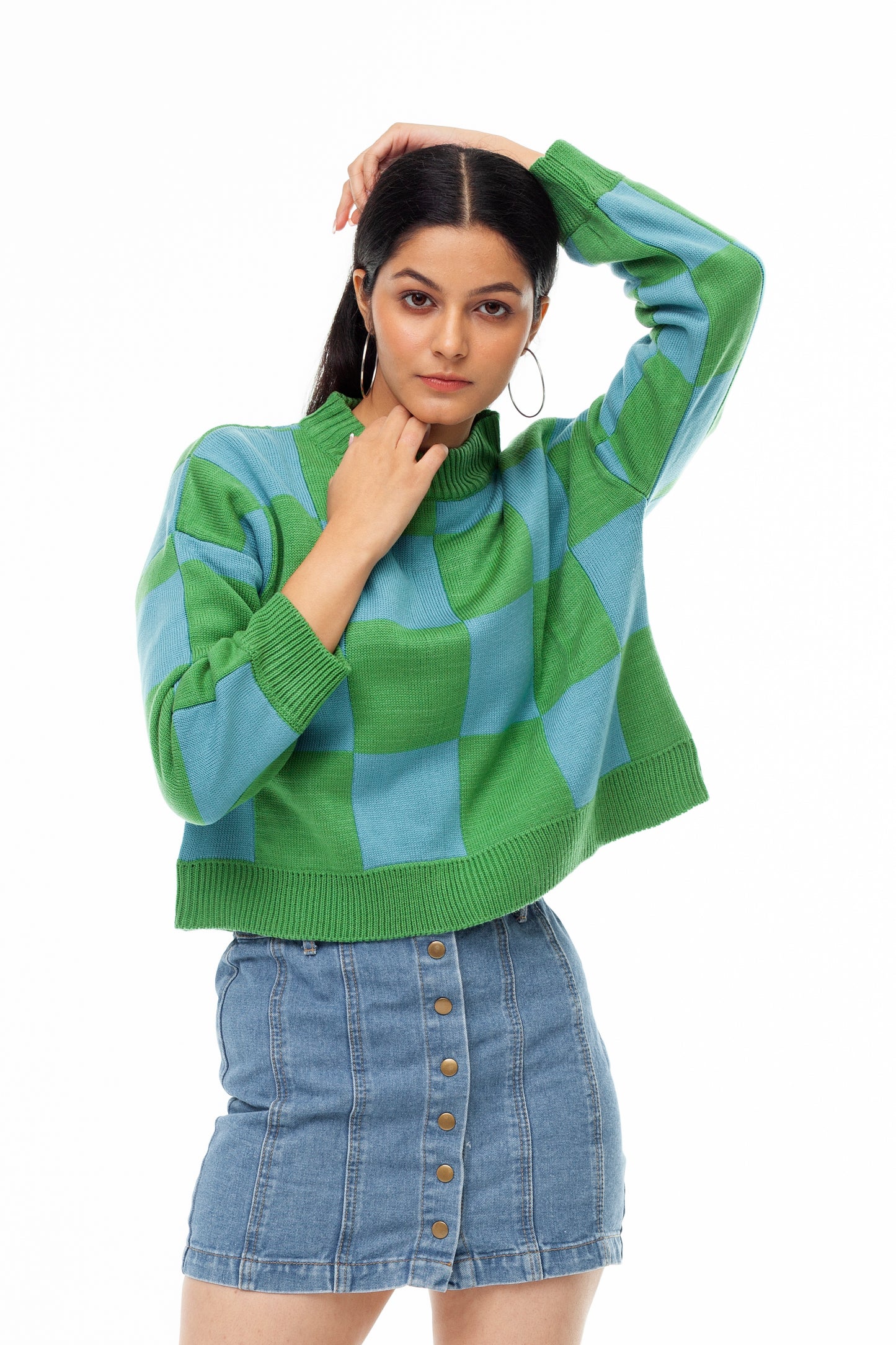 GREEN,BLUE OVERSIZED CHECK CREW NECK SWEATER