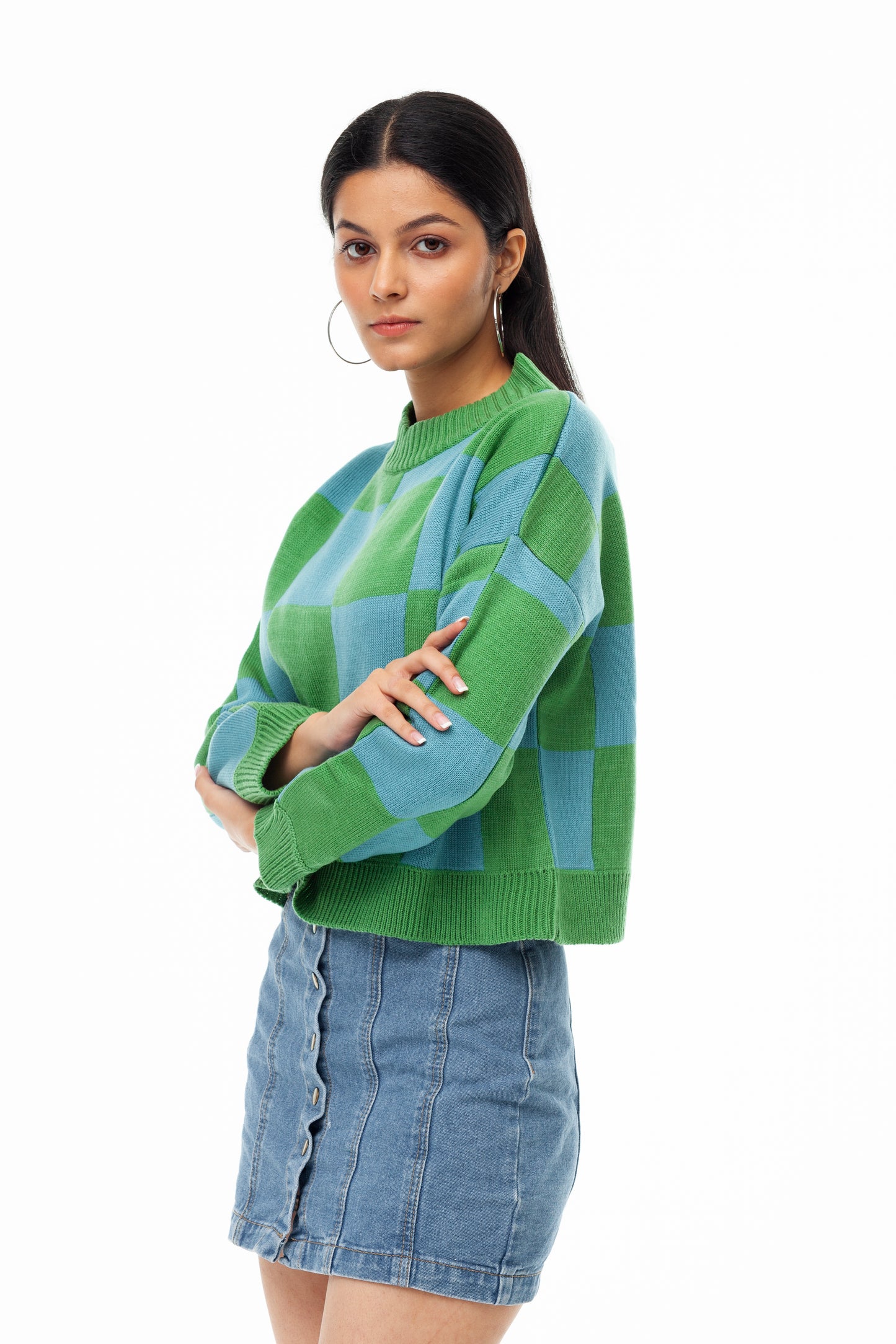 GREEN,BLUE OVERSIZED CHECK CREW NECK SWEATER