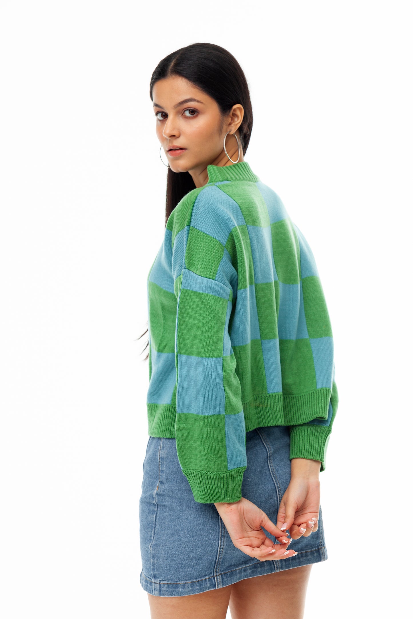 GREEN,BLUE OVERSIZED CHECK CREW NECK SWEATER