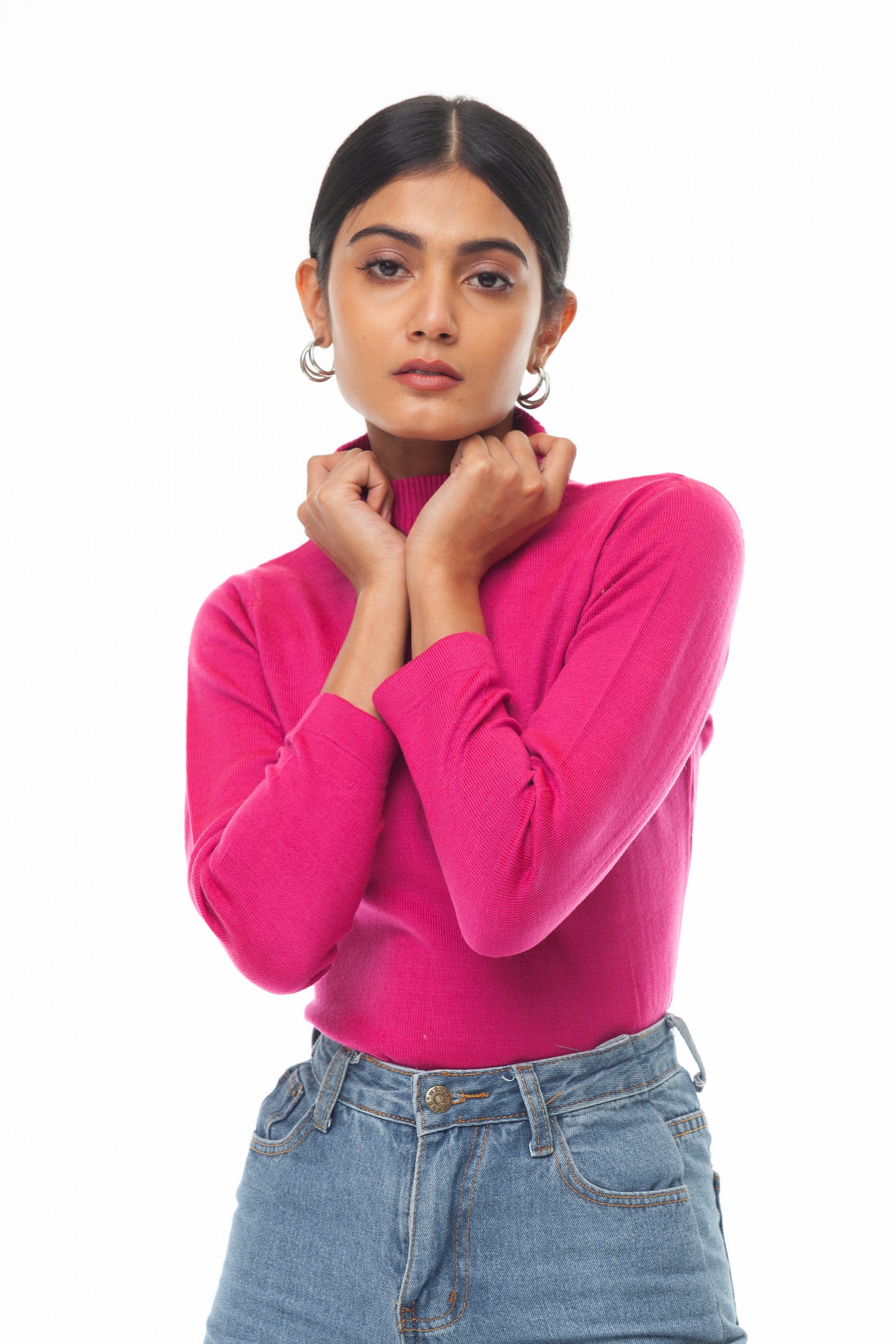 MAGENTA SINGLE JERSEY TURTLE NECK SWEATER