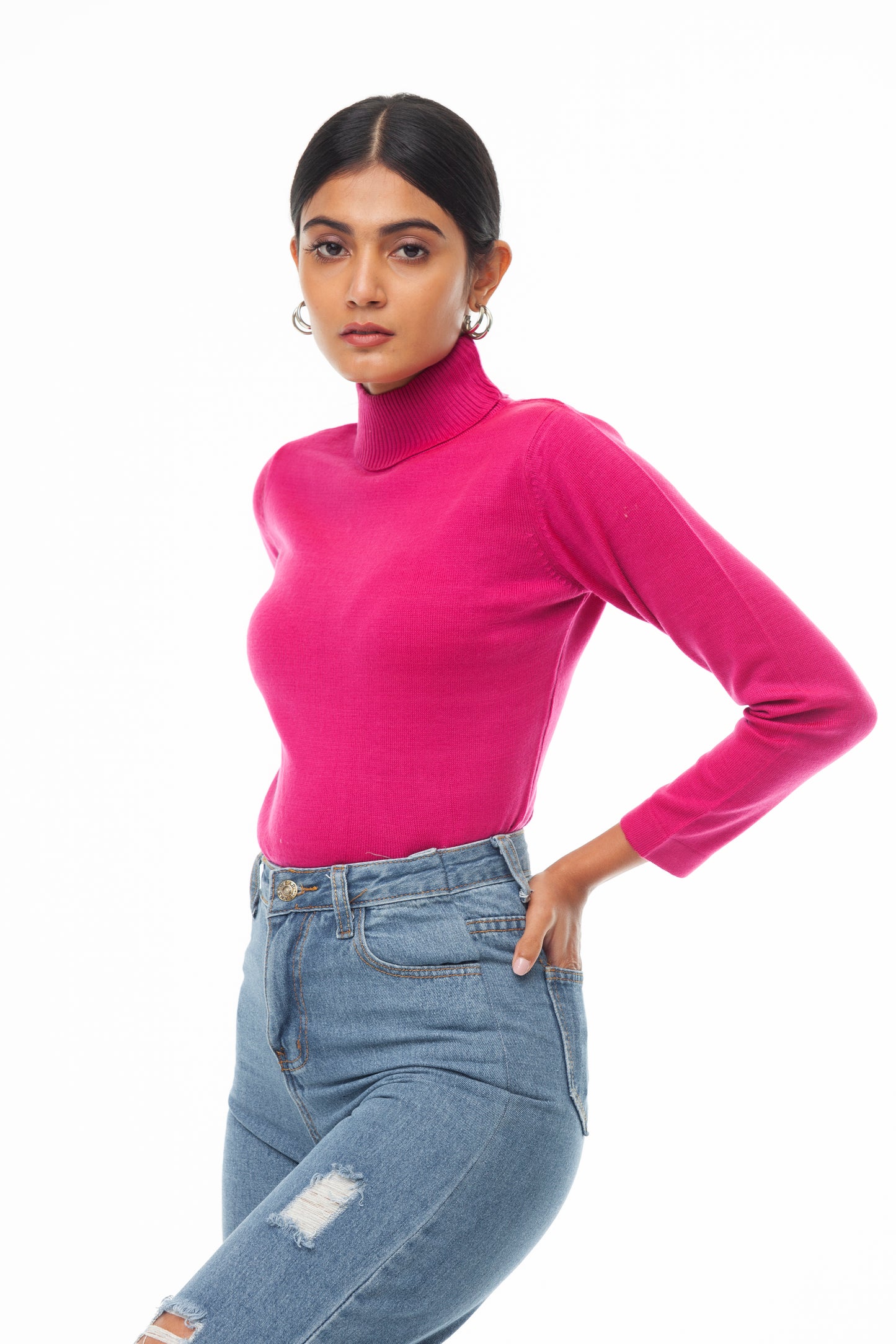 MAGENTA SINGLE JERSEY TURTLE NECK SWEATER