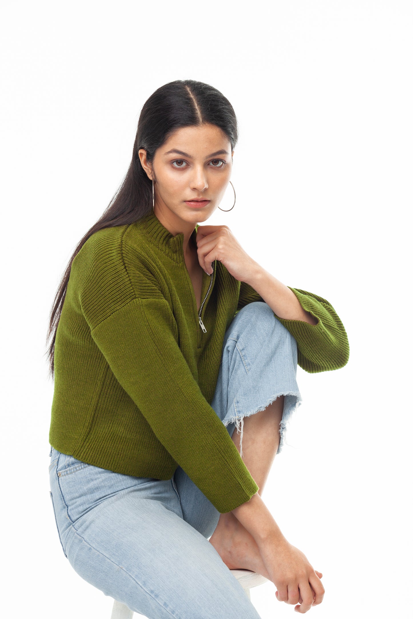 OLIVE GREEN HALF ZIP UP RIB SWEATER