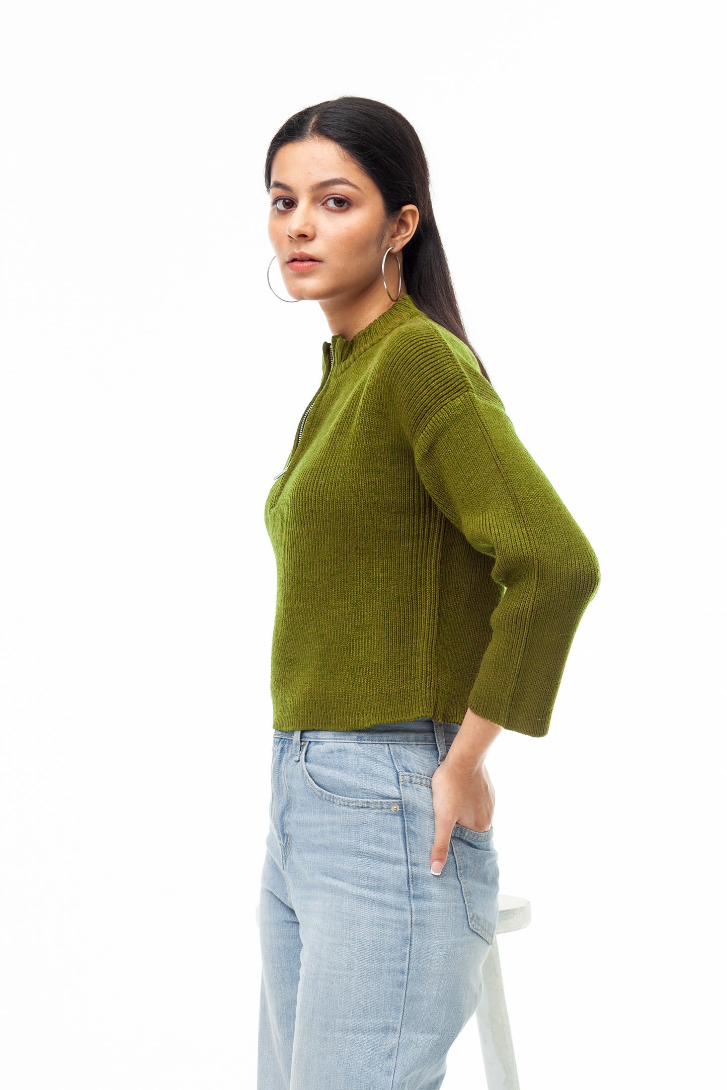 OLIVE GREEN HALF ZIP UP RIB SWEATER