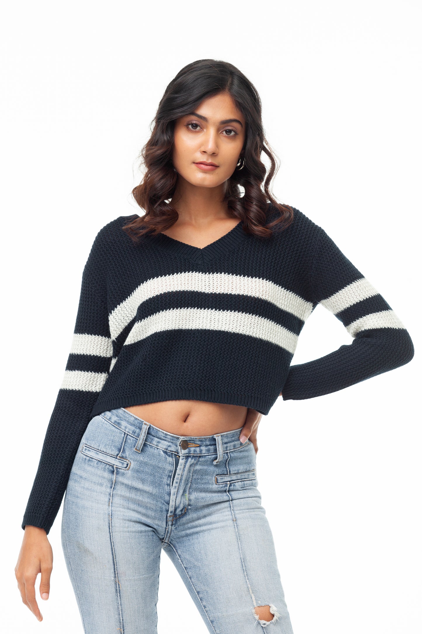 NAVY STRIPED V NECK CROP SWEATER