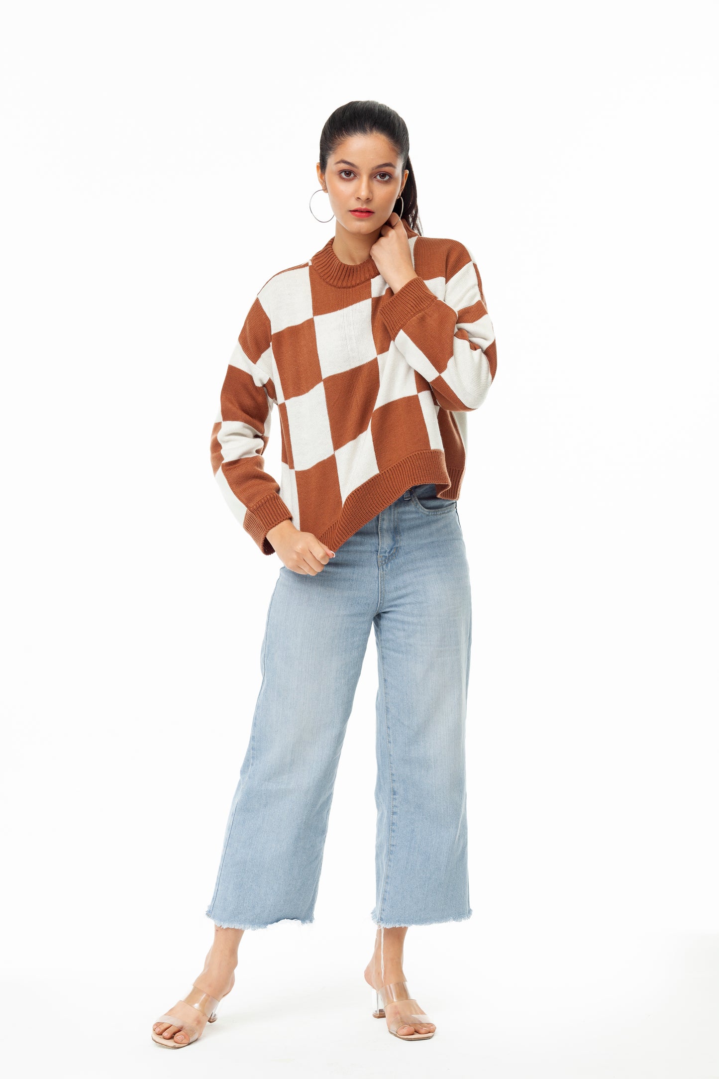 BROWN OVERSIZED CHECK CREW NECK SWEATER